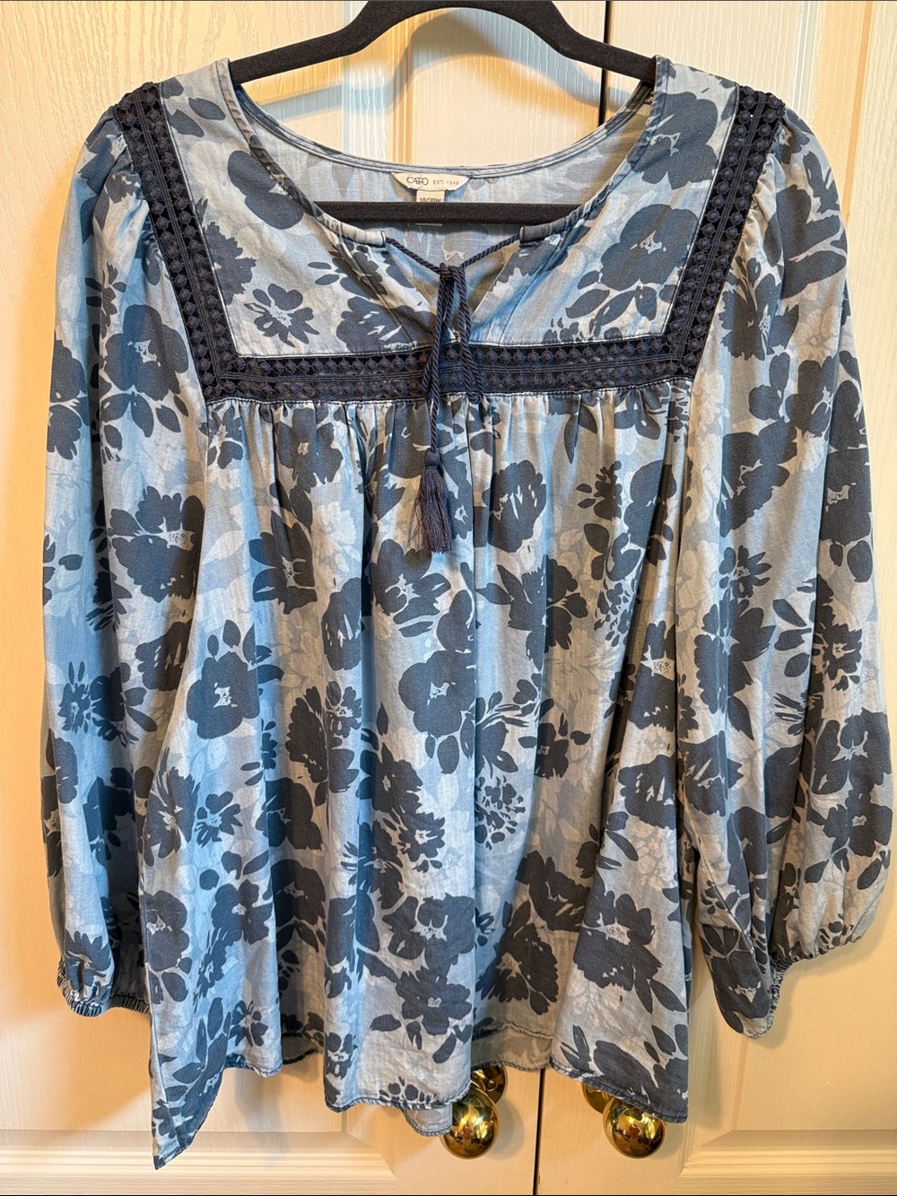 Cato Blue Floral Peasant Tunic with Navy Trim